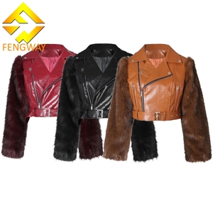 Veste bomber en cuir PU pour <span class=keywords><strong>femme</strong></span>, courte, à manches longues, décontractée, chaude, patchwork, manches en fourrure, pour l'automne et l'hiver - Product Image 1