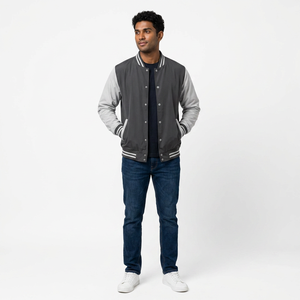 Custom Black Grey Front 100% Cotton Varsity <b>Jacket</b> <b>Men</b> <b>Baseball</b> Fashion College Uniform Streetwear Outerwear OEM ODM Wholesale - Product Image 1