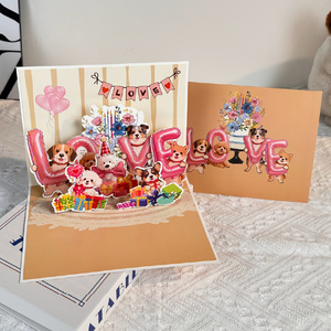 <span class=keywords><strong>Carte</strong></span> de vœux 3D pop-up <span class=keywords><strong>chien</strong></span> mignon en gros, faite à la main, motif ballon LOVE et chiot, idéale pour les amoureux des chiens et les cadeaux - Product Image 5