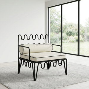 <span class=keywords><strong>Fauteuil</strong></span> d'appoint noir en fer forgé ondulé avec coussin de siège cylindrique à bordure côtelée, design industriel antique pour la maison, le bureau ou le salon - Product Image 4