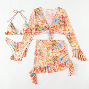 Conjunto de dos piezas sexy, Top corto de malla con estampado de colores, cárdigan, minifaldas, ropa de playa, trajes de vacaciones, Verano - Product Image 4