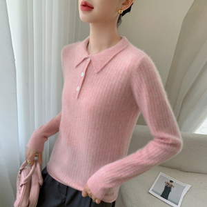 女式 Polo 领半纽扣 100% 羊绒针织套头衫 立式罗纹修身长袖纯色海军蓝毛衣，适合日常通勤 - Product Image 2