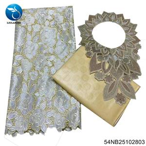 Tela de encaje floral de algodón jacquard Bazin africana tradicional ecológica y hermosa, 2.5+2.5 yardas + 1 cuello de encaje para hombre - Product Image 6