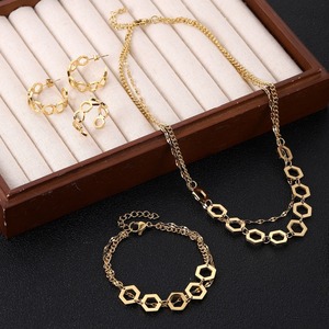 Double Layer Wear <strong>Gold</strong> Necklace Fashion Stainless Steel Diamond <strong>Costume</strong> <strong>Jewelry</strong> Necklace and Earring 4PCS <strong>Jewelry</strong> Sets Wholesale - Product Image 5