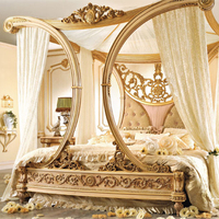 Lit à baldaquin en bois de luxe classique français haut de gamme, doré, royal, taille reine ou king, pour filles