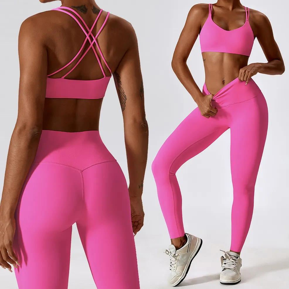 Oem Roze Boter Zachte Dames Yoga Set Perzik Bum Fitness Trainingspak