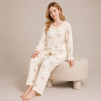 Ensemble de pyjama matelassé en coton pour femme, motif cerises mignonnes, col Peter Pan, bordure en dentelle, vêtements de nuit chauds automne-hiver, personnalisable, vente en gros