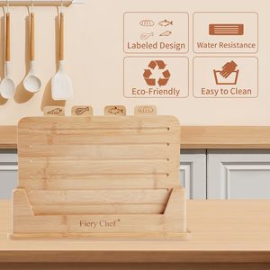 Juego de tablas de cortar de bambú Fiery Chef con soporte y diseño etiquetado para uso en la cocina - Product Image 1