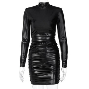 Mini <span class=keywords><strong>abito</strong></span> <span class=keywords><strong>in</strong></span> <span class=keywords><strong>pelle</strong></span> Pu increspato dolcevita manica lunga fasciatura aderente Sexy Streetwear Party eleganti abiti da Club autunno inverno - Product Image 3