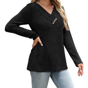 Camisa de Manga Larga para Mujer, Cuello en V, Suéter con Botones, a la Moda - Product Image 3