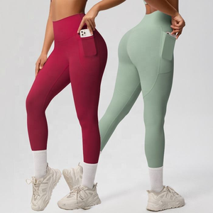 Leggings de sport unis pour femme, taille haute, extensibles, pour fitness, course et yoga, avec poches, vente en gros - Product Image 1
