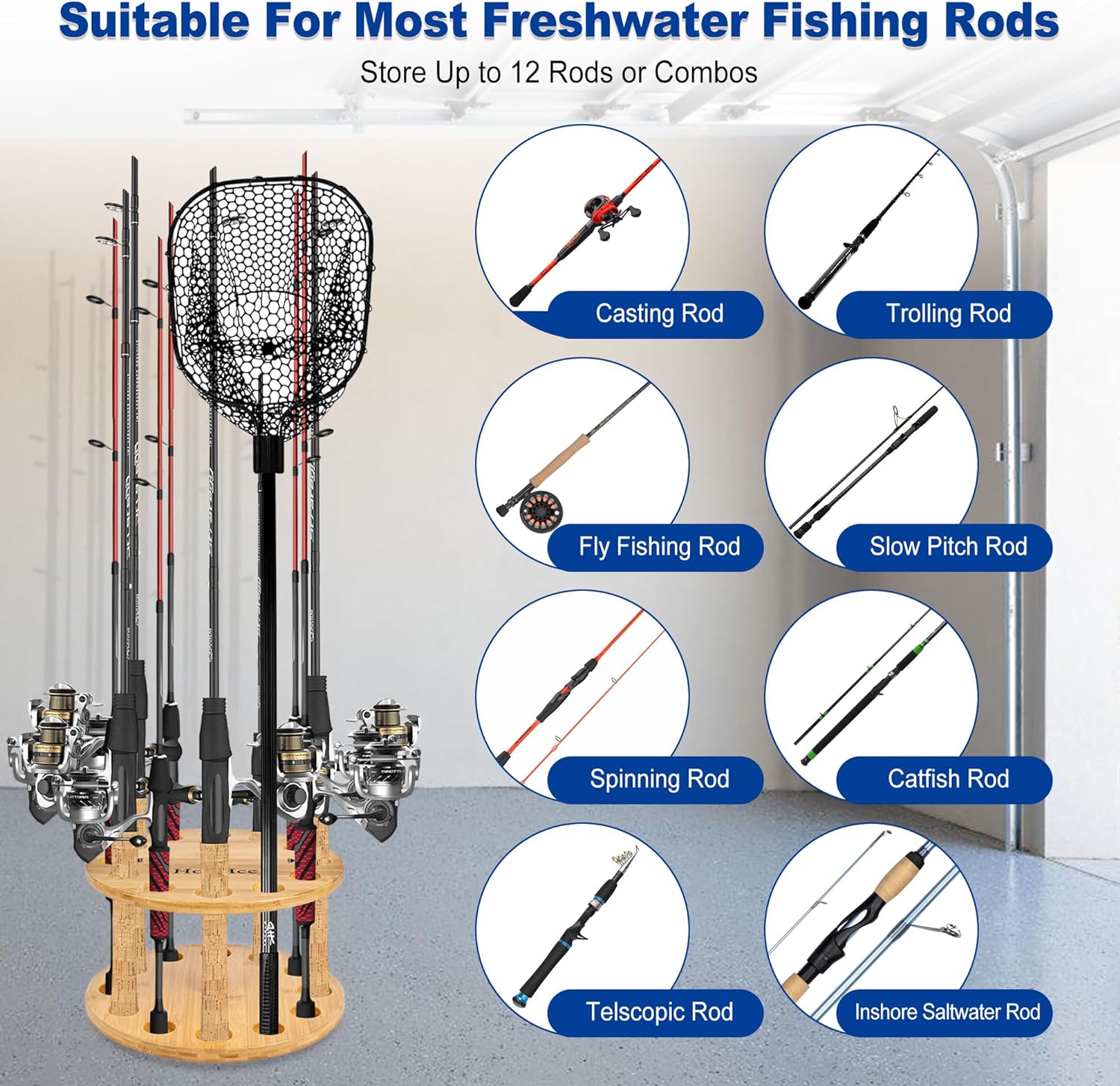 Ghosthorn Supporti per canna da pesca per garage, girevole a 360 gradi, supporto da pavimento può contenere fino a 16 canne da pesca in legno, organizer per attrezzi da pesca, regali per