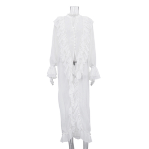 <span class=keywords><strong>Top</strong></span> Lungo in Chiffon Bianco Trasparente con Lacci e Bottoni, Moda Boutique Estate 2026, Abbigliamento Femminile, <span class=keywords><strong>Top</strong></span> con Volant, Camicetta da Donna - Product Image 3