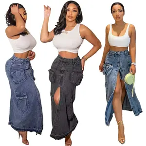 Washed Black Blue Multi-pocket Stretchy Jean Fringe Skirt Women Fashion Designer Denim Skirts With Slit Pockets