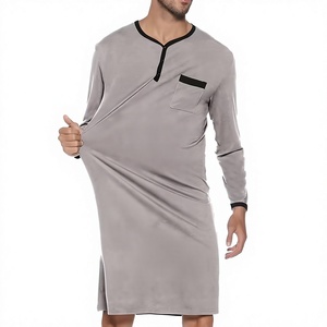 Chemise de nuit en tricot à manches longues et col en V pour homme, couleur gris, avec poche, 100% coton, vêtements décontractés pour la maison, toutes saisons, écologiques - Product Image 4