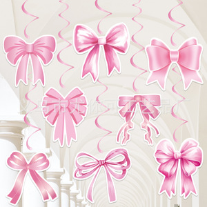 Décoration d'anniversaire rose avec nœud, ornement suspendu en spirale, décoration de gâteau pour célébration de fille, jetable - Product Image 1