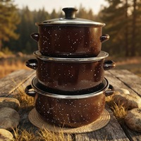 Lot de 5 casseroles et marmites classiques modernes à double poignée, en émail, avec couvercle en verre et fond en fonte, compatibles gaz et induction, vente en gros