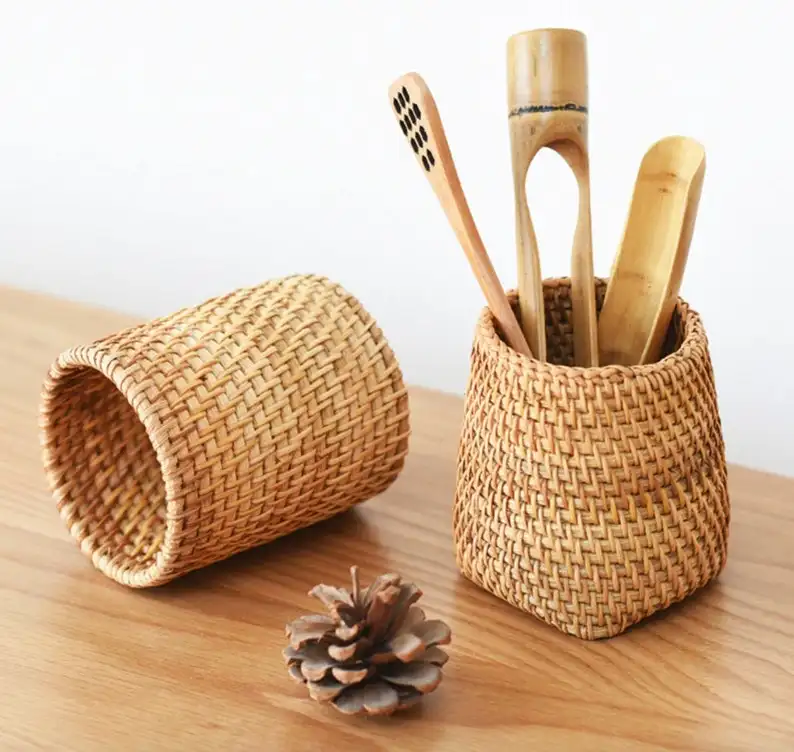 Etsy Keranjang Anyaman Rotan Boho Dapur Nordic Cangkir Pensil Sendok Bambu Alat dengan Pegangan Peralatan Kayu Rotan Pemegang Pena