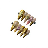 Faux ongles à presser faits main B191, motifs fleur en strass et alliage, couleur or nude, forme stiletto, pour usage professionnel en salon