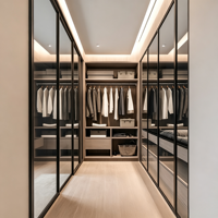 Système de dressing moderne en forme de U avec portes vitrées, meuble de chambre à coucher, armoire de rangement en bois