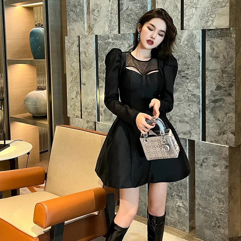ZYHT 9567 Fast Delivery Solid Color Autumn Puff Long Sleeve Patchwork Satin A Line Black Party Mini Short Women Elegant Dress