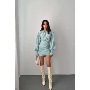 Vestido Bodycon Verde con Puntos, Cuello Redondo, Fruncido Delantero, Cintura Ajustada, Tejido, Uso Diario, Casual, Venta al por Mayor - Product Image 6