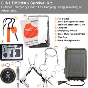 Kit d'équipement de survie d'urgence en plein air noir 8-en-1 pour le camping, la randonnée et les aventures de voyage avec des couteaux et des outils essentiels - Product Image 6