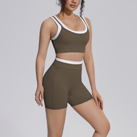 Kleurblok Workout Set Geribbelde Schokabsorberende Push-up Sportbeha Hoge Taille Buikverstevigende Heupliftende Shorts Yoga Set
