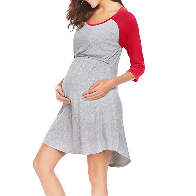 Винтажные беременности и родам доставки мама хлопковые футболки с круглым вырезом и контрастных цветов с рукавами-реглан семь с длинными рукавами средней длины с завышенной талией платье для беременных женщин