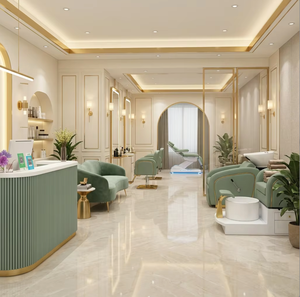 Minimalist Morandi Green Salon Furniture Set Luxury Gold Professional Styling Chairs & Shampoo Units for High-end Beauty Salon - Product Image 1