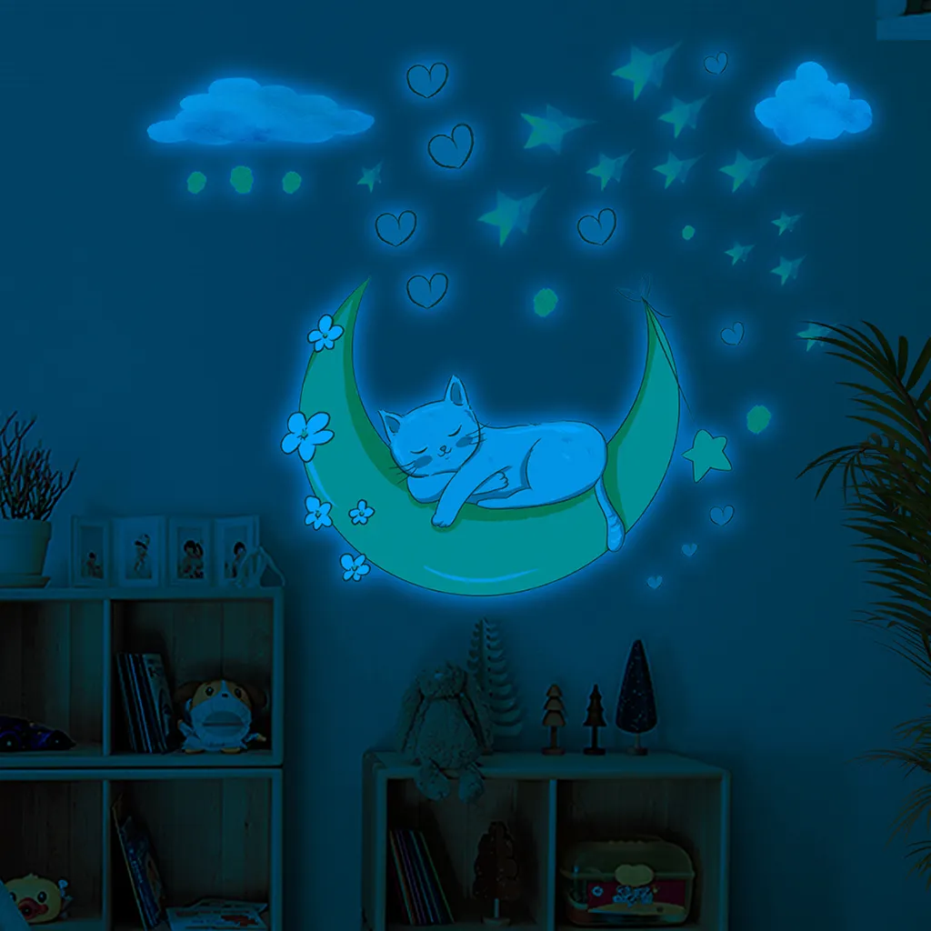 Luminous blue mermaid moon sticker cat cute star bedroom living room decorative wall sticker