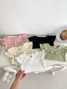 ฤดูร้อนเด็กทารกใหม่บินแขนเสื้อตุ๊กตาคอบัวสีทึบRibbedบางเสื้อยืดเด็ก - Product Image 3