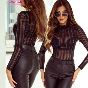 Caro-Amante Atacado OEM ODM Custom Star Mesh Sheer Ver Através do Pescoço Mock Mulheres Manga Longa Bodysuit