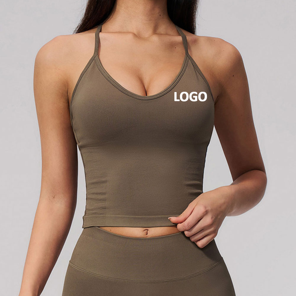 T Back Adjustable Strap Seamless Yoga Tank Top Women Longline V Neck Built in Padded Sports Bra Slim Fit Workout Cropped Top