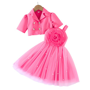 Conjunto de Vestido Formal de Dos Piezas para Niñas 2026: Blazer Estilo Pequeña Princesa + Vestido de Malla Floral Tridimensional, Poliéster Flame - Product Image 1