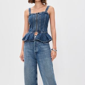 2025 Haut en jean personnalisé pour femme, style vintage, sans bretelles, à volants, coupe ample et ajustée, avec smockage, élégant, pour femmes - Product Image 2