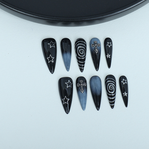 <span class=keywords><strong>Uñas</strong></span> artificiales hechas a mano, patrón de círculo de <span class=keywords><strong>cielo</strong></span> estrellado <span class=keywords><strong>azul</strong></span> pintado a mano de colores mezclados, <span class=keywords><strong>uñas</strong></span> reutilizables de alta calidad. - Product Image 3