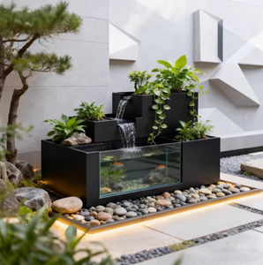 Fontaine d'eau moderne en acier inoxydable RGB avec cascade en verre, bac à fleurs personnalisable pour terrasse extérieure, cour et aménagement paysager - Product Image 6