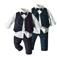 3606 Kid Baby Boy Set di abbigliamento Gentleman Plaid Vest camicia bianca papillon pantaloni lunghi 3 pezzi Set di vestiti formali per bambini