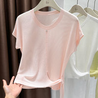 Camiseta de punto calado de manga corta para mujer con cuello redondo y abertura frontal, top ligero y transpirable, jersey corto