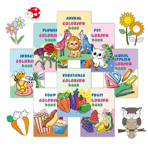 Fournitures scolaires, fleurs, animaux de compagnie, fruits, légumes, insectes, animaux mignons, nourriture, divers thèmes, livre de coloriage 8-en-1 pour enfants - Product Image 3
