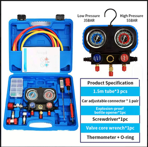 Manomètre de pression de réfrigérant R134A/R22/<span class=keywords><strong>R410</strong></span>/R404 avec tuyau de charge, raccord rapide, clé à valve et ouvre-<span class=keywords><strong>bouteille</strong></span> - Product Image 3