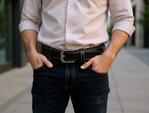 Cintura da Uomo in Vera Pelle 4.0cm con Fibbia a Perno Rivestita, Bordo Smussato e Cuciture Bianche, Formale 125cm - Product Image 2