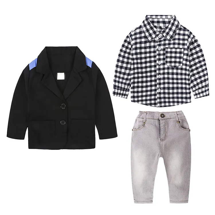 New Fashion Baby Boy Clothes Three-Piece Handsome Lapel Jacket + Plaid Shirt + Jeans Kid Clothing Set Kids Tracksuits