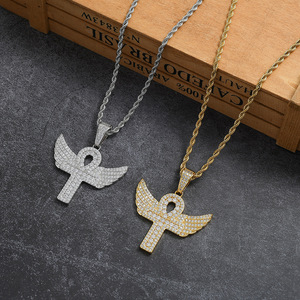 Large-winged <b>cross</b> pendant, hip-hop jewelry, copper <b>with</b> zircon. - Product Image 2