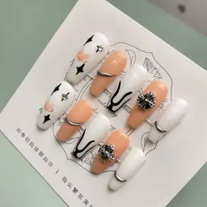 Custom New Design Nails Long Coffin Ballerina Matte Orange White Ombre Press On Nails Tips Artificial Acrylic Fingernails