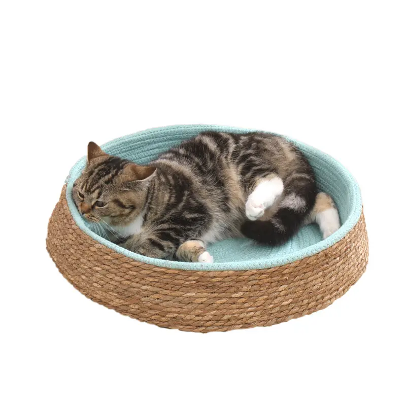 Straw Handmade Woven Pet Beds Round Dog Kennel Rattan Scratch-Resistant Dog Cat Sleeping Nest Pet Mat