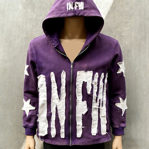 Sweat à capuche zippé en coton délavé <span class=keywords><strong>vintage</strong></span> pour <span class=keywords><strong>homme</strong></span>, avec patchwork étoiles et lettres vieillis, style streetwear, personnalisable - Product Image 6