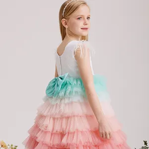 Abito per bambini con paillettes e strati vestiti per bambini vestito da coniglietto arcobaleno vestito estivo da bambina con manica a sbuffo per festa di compleanno