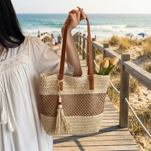 New Lady Fashionable Vintage Woven <b>Straw</b> Tote <b>Bag</b> with Pendant Winter <b>Summer</b> Outdoor Shopping ZIP Closure Single Strap - Product Image 2